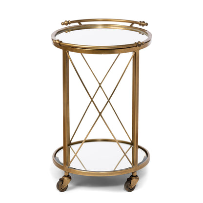 Park Hill Collection Hampton Round Tray Serving Cart - Elegant Steel & Brass Design with Removable Mirror Tray for Easy Use - EFC16009