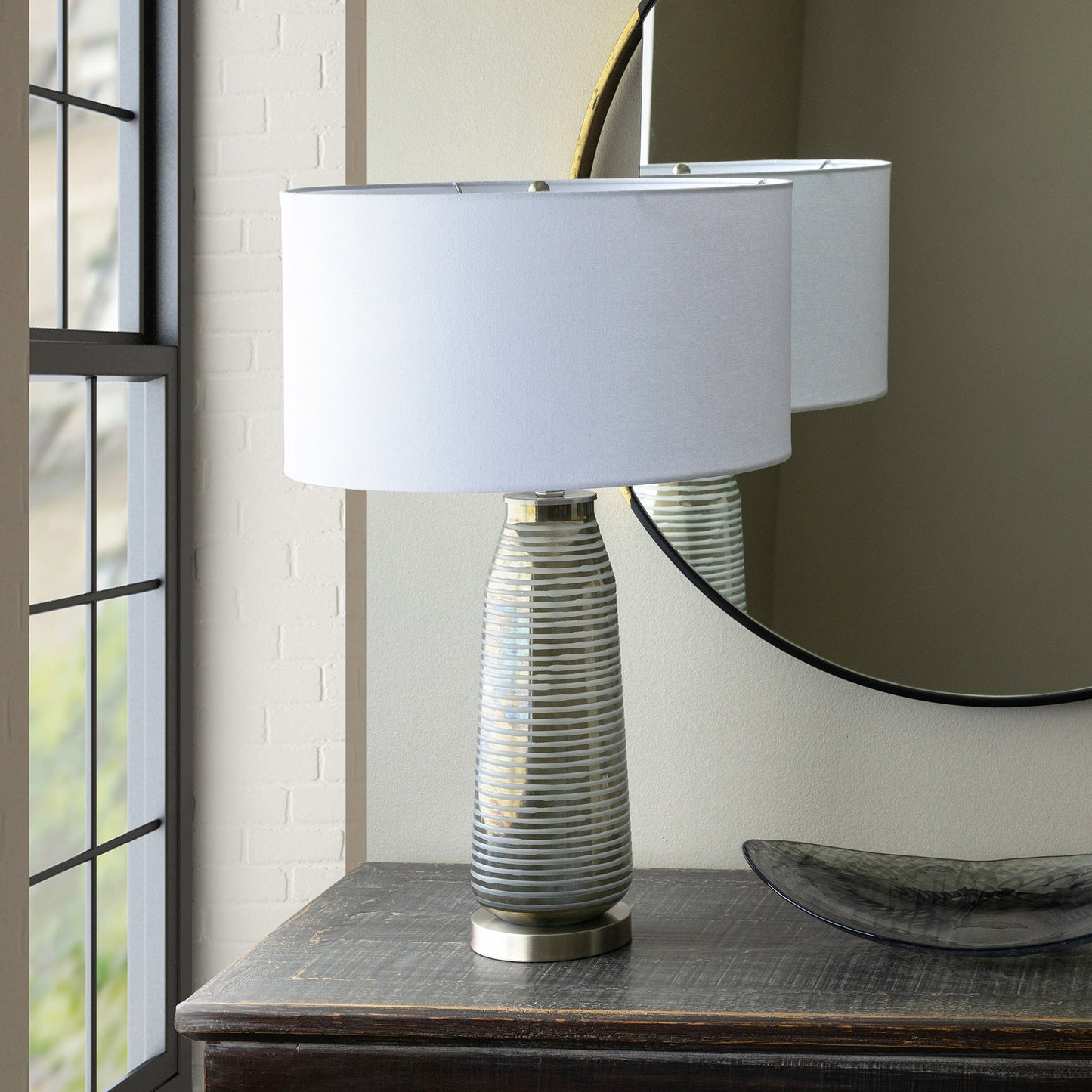 Park Hill Collection Delany Grinded Glass Lamp - Urban Chic Table Lamp with Ribbed Base & Elegant White Linen Shade - ELT10026