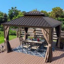 Kozyard Alexander 10' X 12' Hardtop Gazebo, Aluminum Metal Gazebo with Galvanized Steel Double Roof Canopy, Curtain and Netting, Permanent Gazebo Pavilion for Patio, Backyard, Deck, Lawn Brown - KZAHG1012