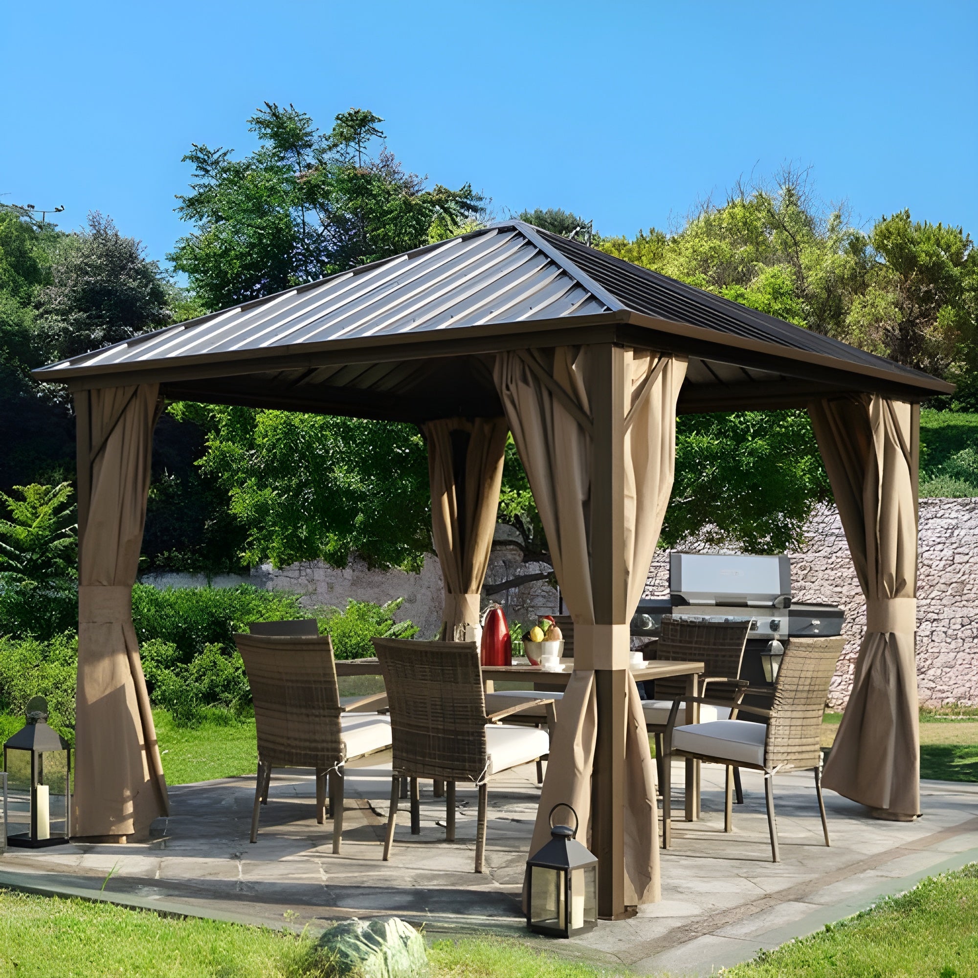 Kozyard Rosana 10'x10' Hardtop Aluminum Permanent Gazebo with 2-Layer Sidewalls (Rosana 10'x10') - KZRHG1010