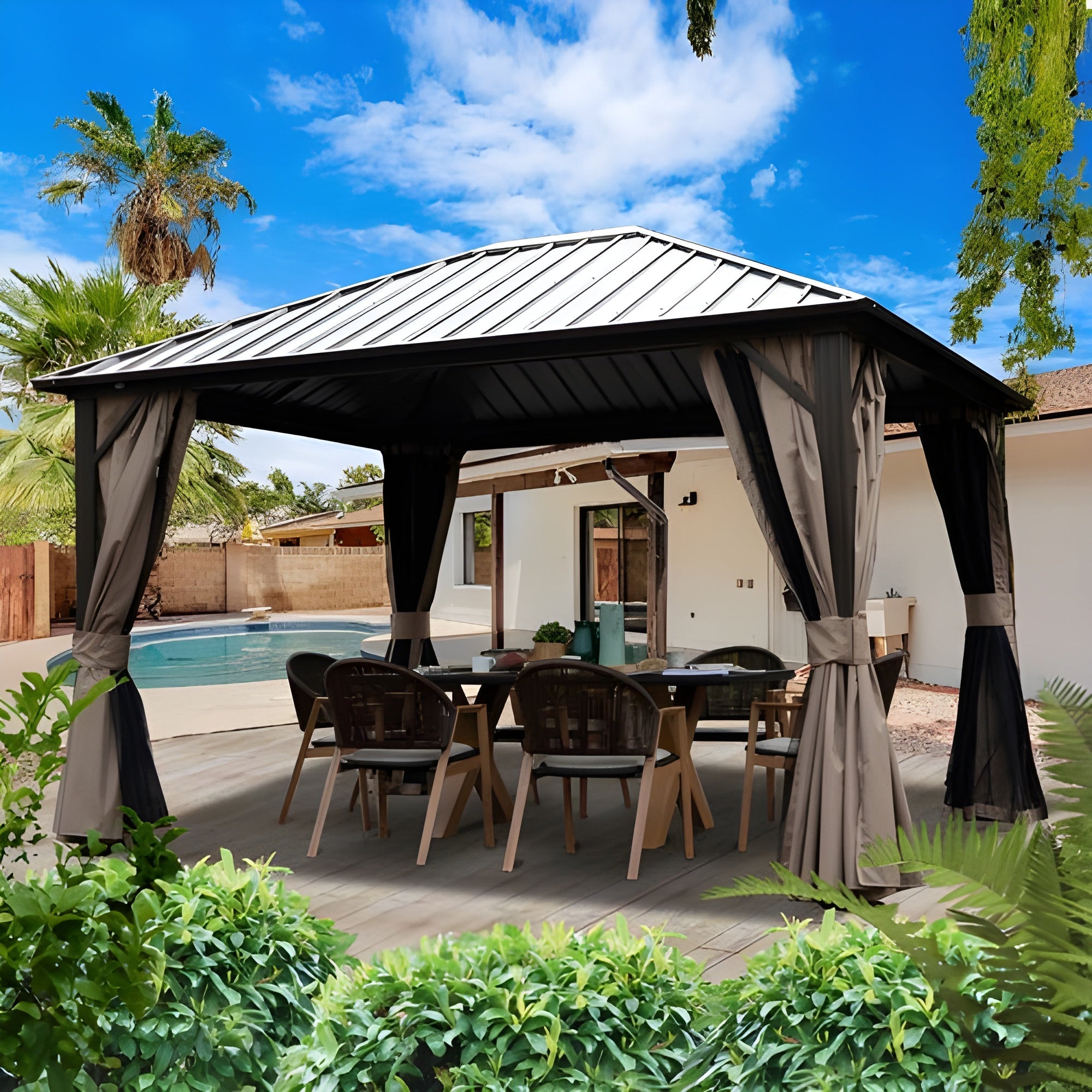 Kozyard Rosana 10'x12' Hardtop Aluminum Permanent Gazebo with 2-layer Sidewalls (Rosana 10'x12') - KZRHG1012