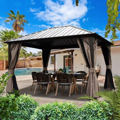 Kozyard Rosana 10'x12' Hardtop Aluminum Permanent Gazebo with 2-layer Sidewalls Rosana 10'x12' - KZRHG1012