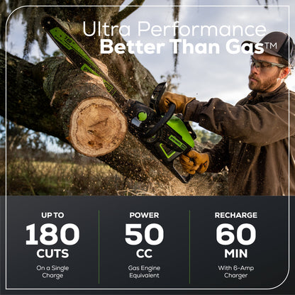 Greenworks 60V 18" Cordless Battery Brushless 2.5kW Chainsaw w/ 5.0Ah Battery & Rapid Charger - 2026102