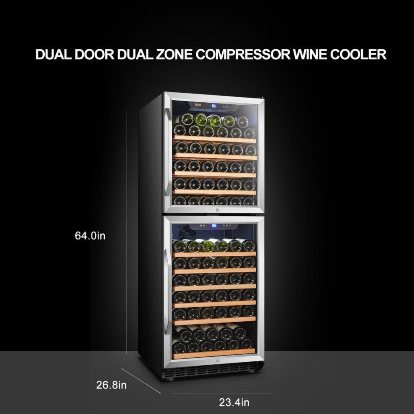 Lanbo 133 Bottles Dual Zone Stainless Steel Right Hinge Dual Door Wine Coolers - LW133DD