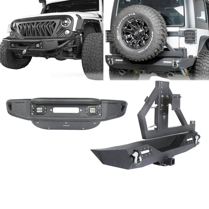 Hooke Road Lotus Tubular Stubby Front Bumper & Different Trail Rear Bumper w/Tire Carrier Combo(07-18 Jeep Wrangler JK JKU) - HE.2032+HE.2028A+HE.2028B
