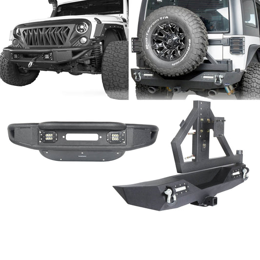 Hooke Road Lotus Tubular Stubby Front Bumper & Different Trail Rear Bumper w/Tire Carrier Combo(07-18 Jeep Wrangler JK JKU) - HE.2032+HE.2028A+HE.2028B