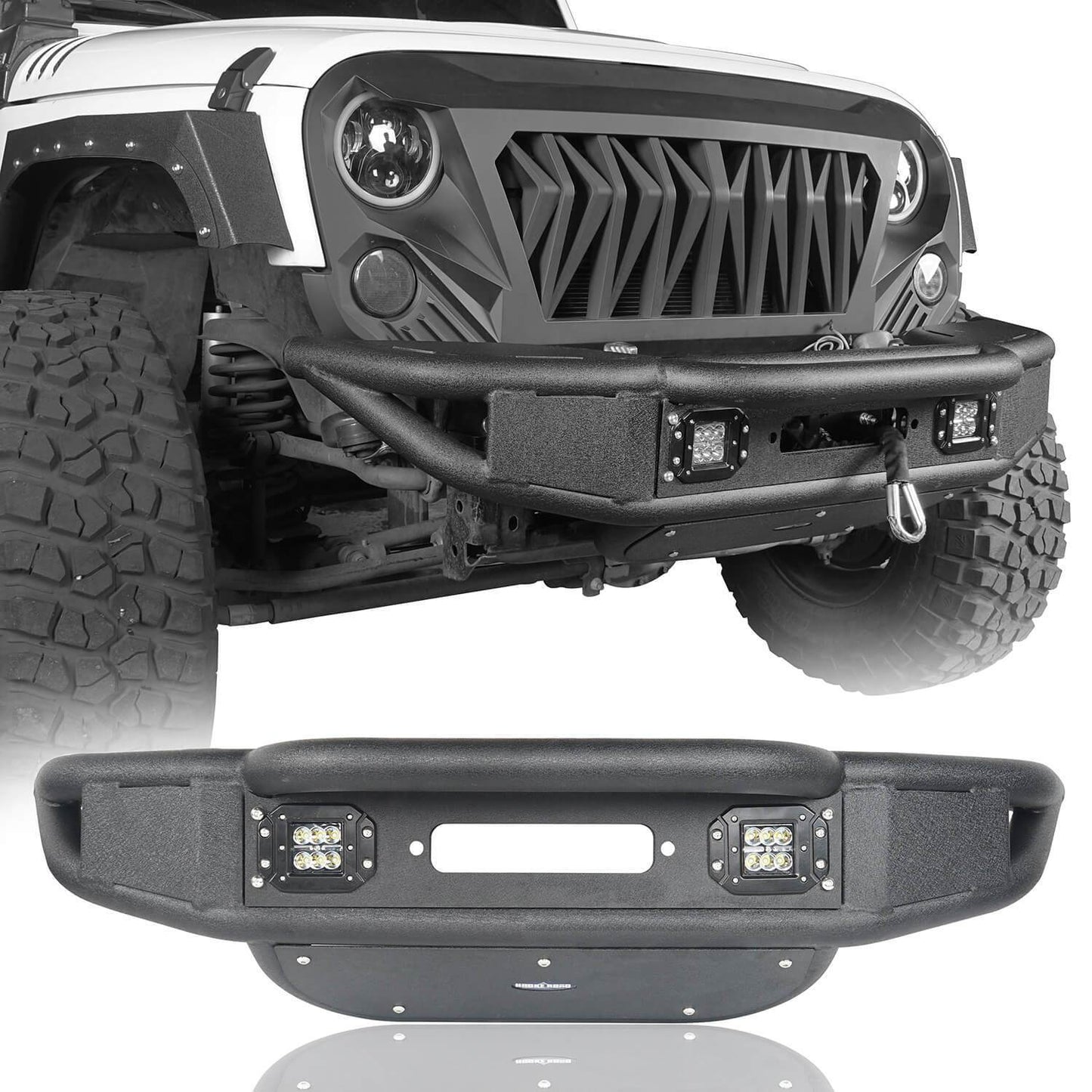 Hooke Road Lotus Tubular Stubby Front Bumper & Different Trail Rear Bumper w/Tire Carrier Combo(07-18 Jeep Wrangler JK JKU) - HE.2032+HE.2028A+HE.2028B