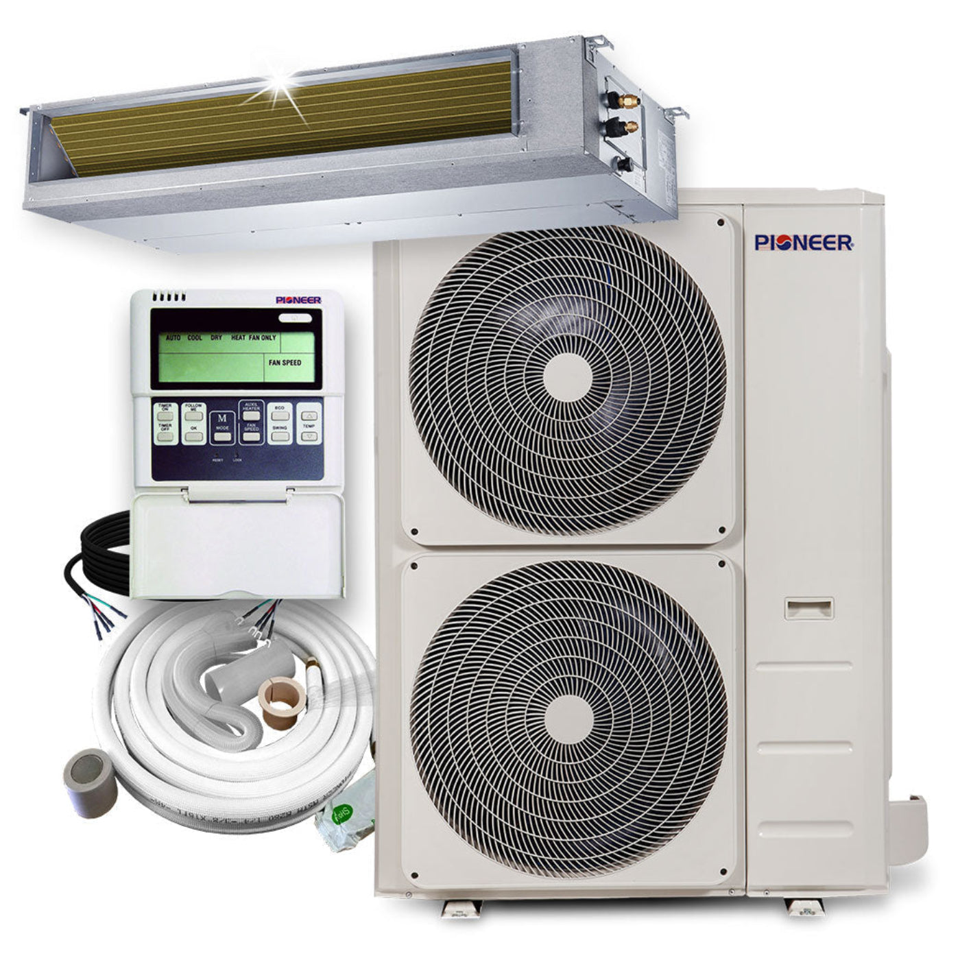 Pioneer 48,000 BTU 15.1 SEER2 Ceiling Concealed Ducted Mini-Split Inverter+ Air Conditioner Heat Pump System Full Set 230V - RYB048GMFILDBD-10