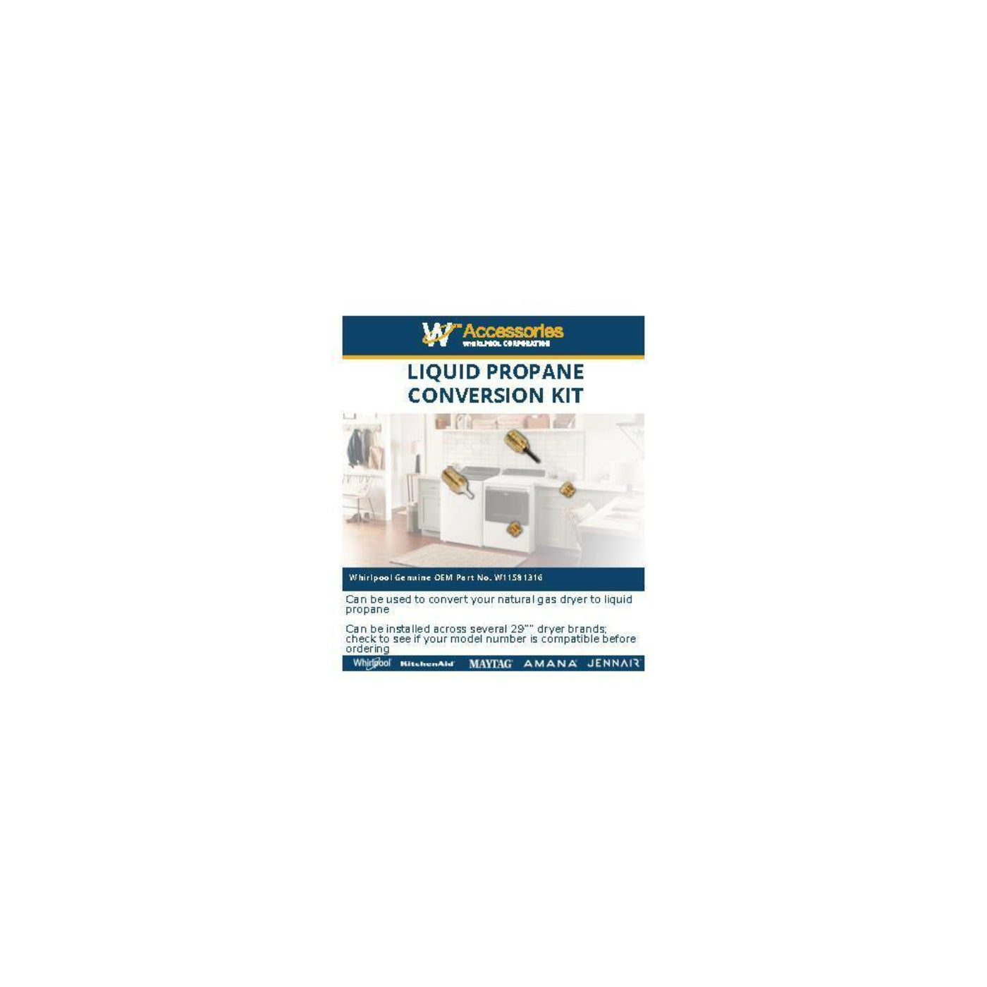 AMANA W11581316 Gas Dryer Conversion Kit fits 29" dryers, propane-orifice size-54, butane-orifice size-55 - W11581316