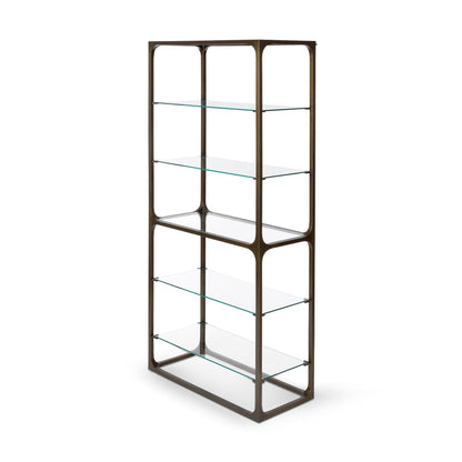 Park Hill Collection Taurus Bookshelf - Antique Bronze Frame with Glass Shelves for Elegant Home Office & Living Room Decor - EFC20039
