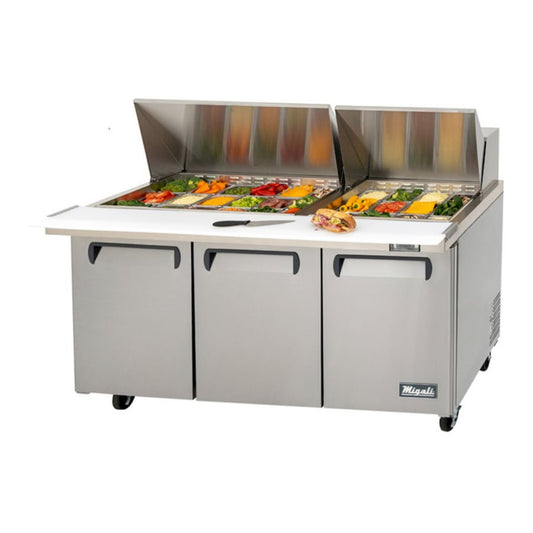 Migali C-SP72-30BT-HC 72.7” 3-Door Refrigerated Sandwich Prep Table – 24.5 Cu Ft - C-SP72-30BT-HC