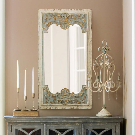 Park Hill Collection Coquille Carved Wood Mirror - Elegant Artisan Horizontal Design in Blue & White, Perfect for Any Room - EWI26158