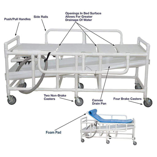 MJM High Density Polyethylene Bed Surface Shower Gurney with Canvas Drain Pan 910-HDPE