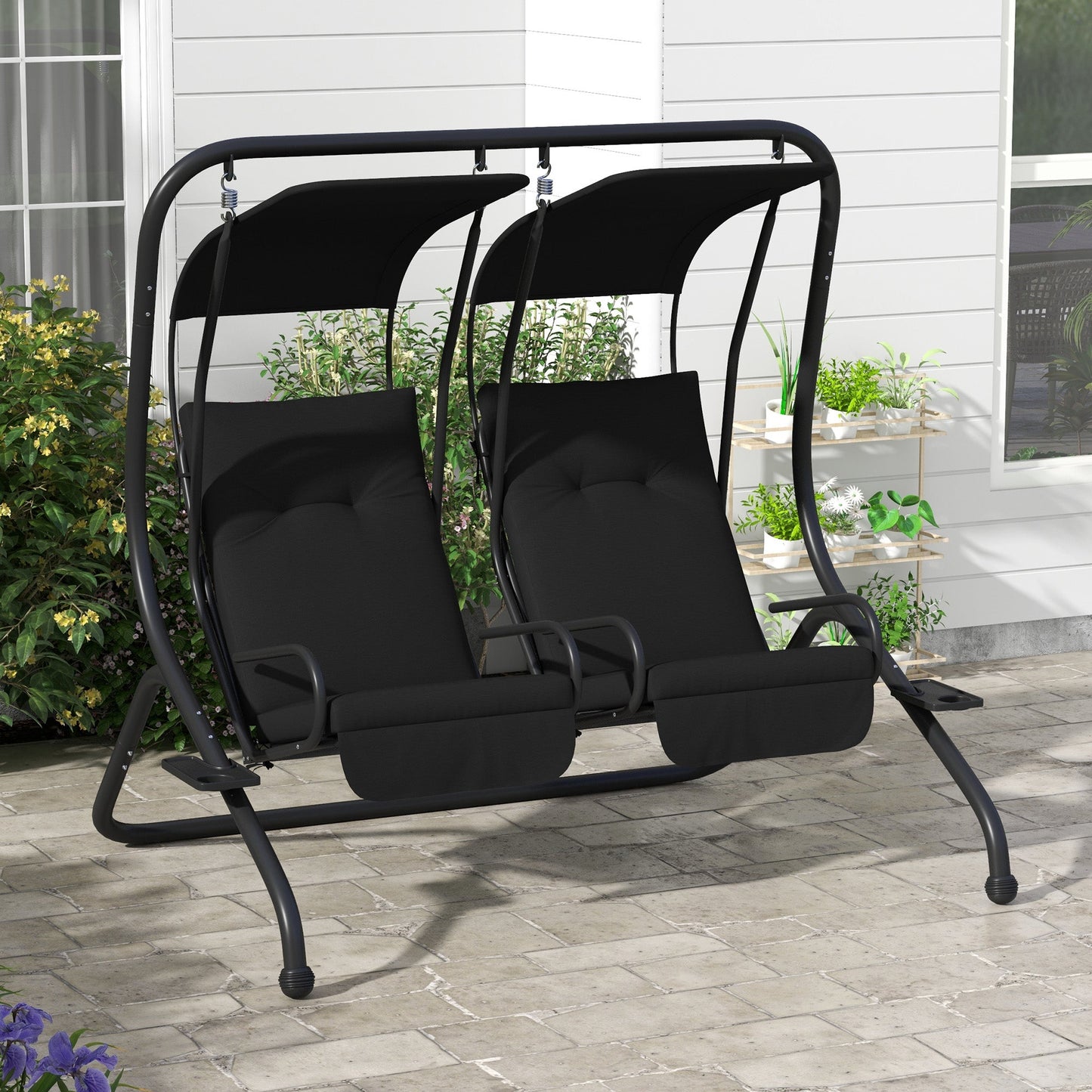 Outsunny 2-Person Outdoor Porch Swing with Solid Steel Frame & Cup Holders for Backyard, Garden, Black - 84A-052V03BK
