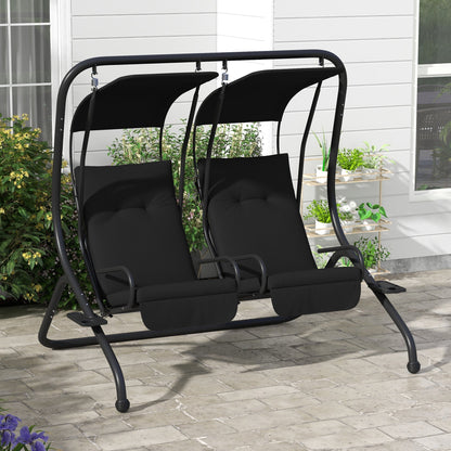 Outsunny 2-Person Outdoor Porch Swing with Solid Steel Frame & Cup Holders for Backyard, Garden, Black - 84A-052V03BK