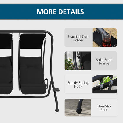 Outsunny 2-Person Outdoor Porch Swing with Solid Steel Frame & Cup Holders for Backyard, Garden, Black - 84A-052V03BK