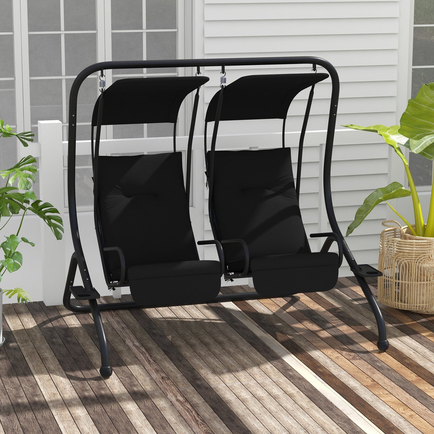 Outsunny 2-Person Outdoor Porch Swing with Solid Steel Frame & Cup Holders for Backyard, Garden, Black - 84A-052V03BK