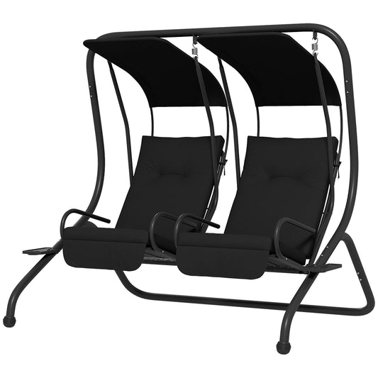 Outsunny 2-Person Outdoor Porch Swing with Solid Steel Frame & Cup Holders for Backyard, Garden, Black - 84A-052V03BK