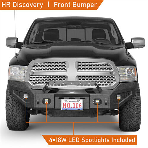 Offroad Aftermarket Front Bumper w/ Winch Plate & LED Spotlights For 2013-2018 Dodge Ram 1500 - Hooke Road