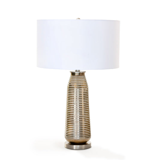 Park Hill Collection Delany Grinded Glass Lamp - Urban Chic Table Lamp with Ribbed Base & Elegant White Linen Shade - ELT10026