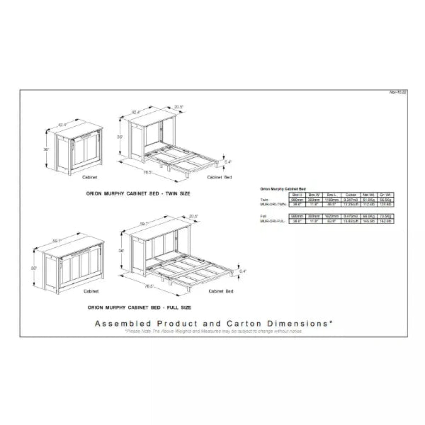 Night and Day Furniture Orion Twin/Full Murphy Cabinet Bed - MUR-ORI-FUL-CH