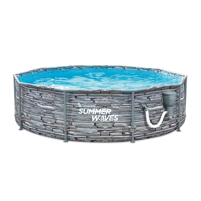 Summer Waves Active 14 Foot Stone Slate Print Metal Frame Above Ground Pool Set - 202917