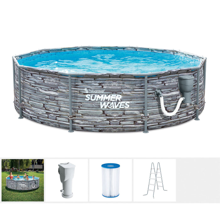 Summer Waves Active 14 Foot Stone Slate Print Metal Frame Above Ground Pool Set - 202917