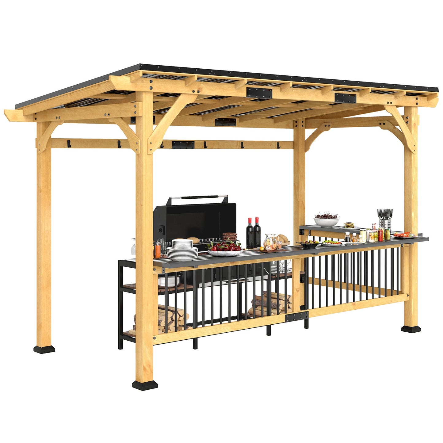 Outsunny 13' x 6' Wooden BBQ Grill Gazebo with Metal Roof 2 Bar Shelves and 6 Hooks, Natural - 84C-650V00ND