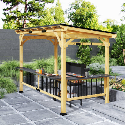 Outsunny 13' x 6' Wooden BBQ Grill Gazebo with Metal Roof 2 Bar Shelves and 6 Hooks, Natural - 84C-650V00ND
