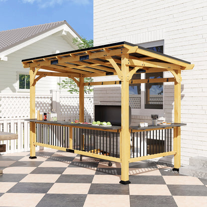 Outsunny 13' x 6' Wooden BBQ Grill Gazebo with Metal Roof 2 Bar Shelves and 6 Hooks, Natural - 84C-650V00ND