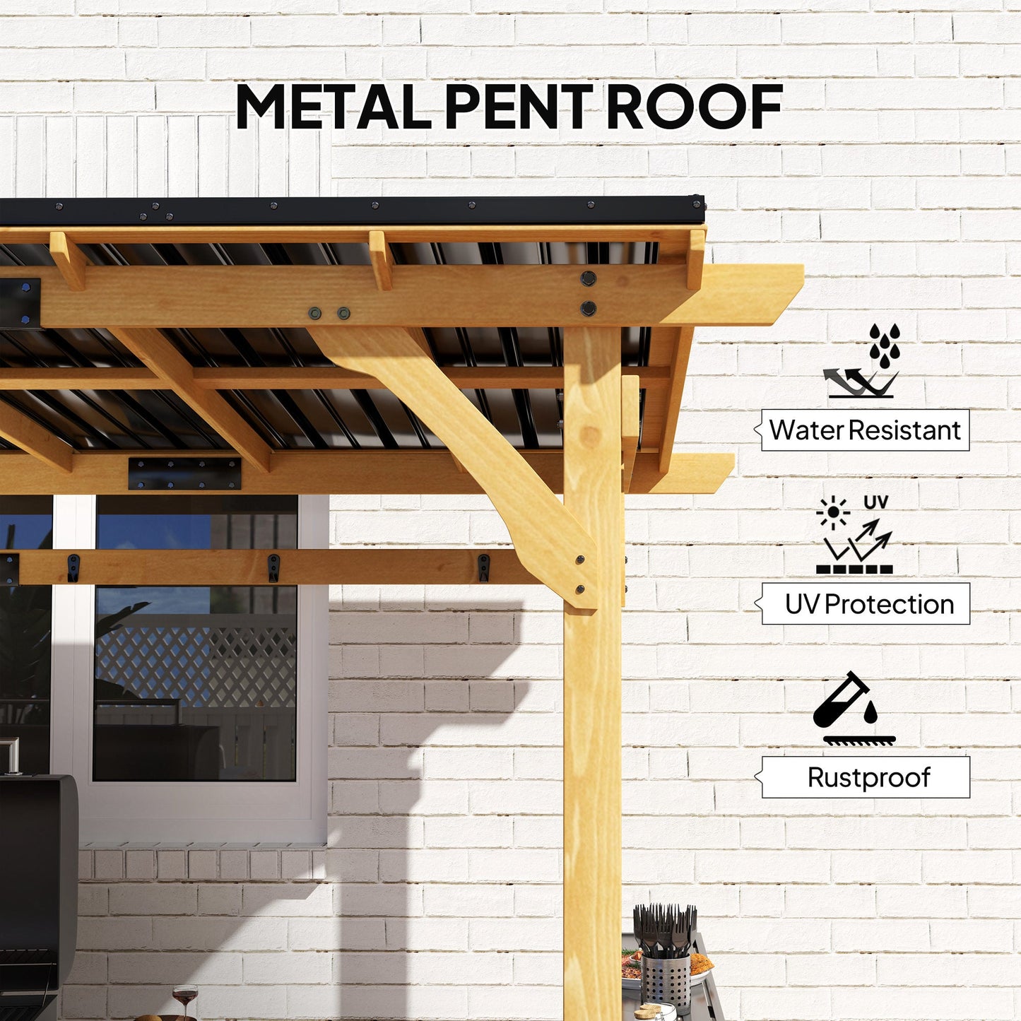 Outsunny 13' x 6' Wooden BBQ Grill Gazebo with Metal Roof 2 Bar Shelves and 6 Hooks, Natural - 84C-650V00ND