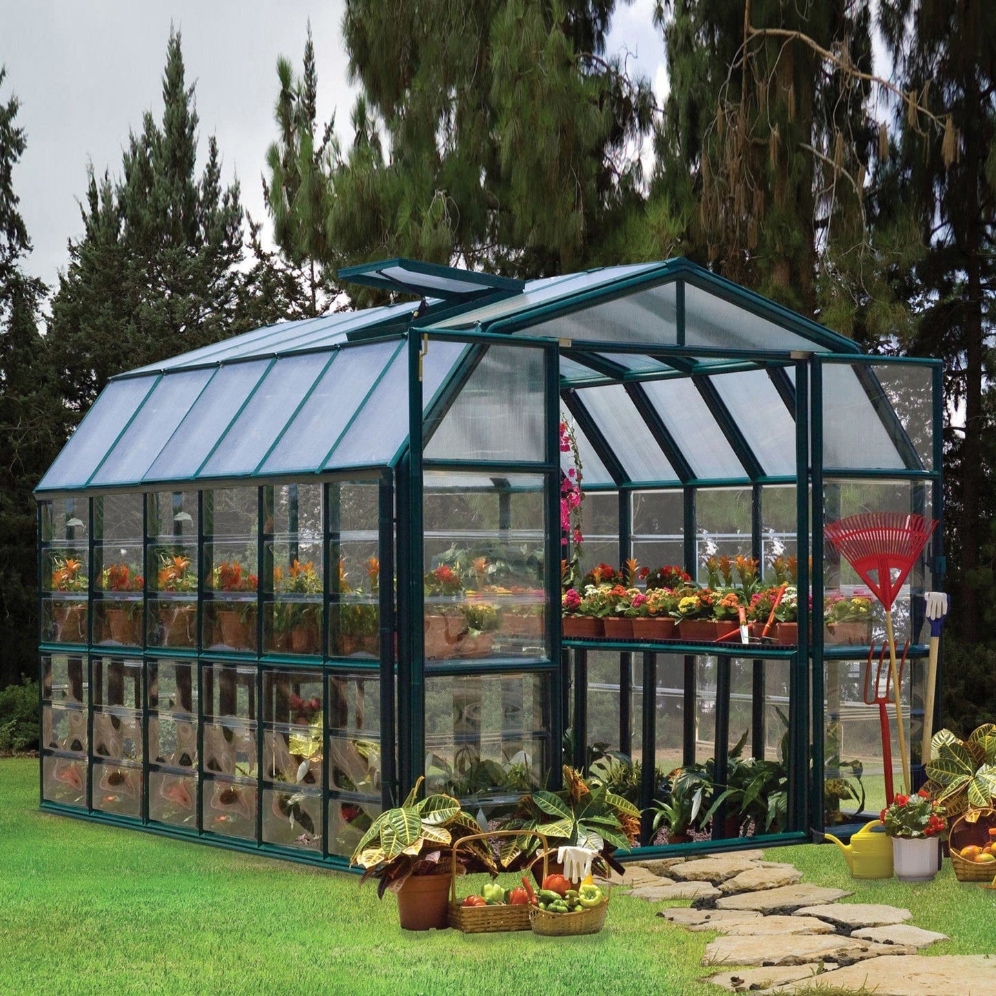 Palram - Canopia | Grand Gardener Greenhouse Kit - 8 Ft Wide - Green - 0.8mm Clear Polycarbonate Glazing - HG7208C