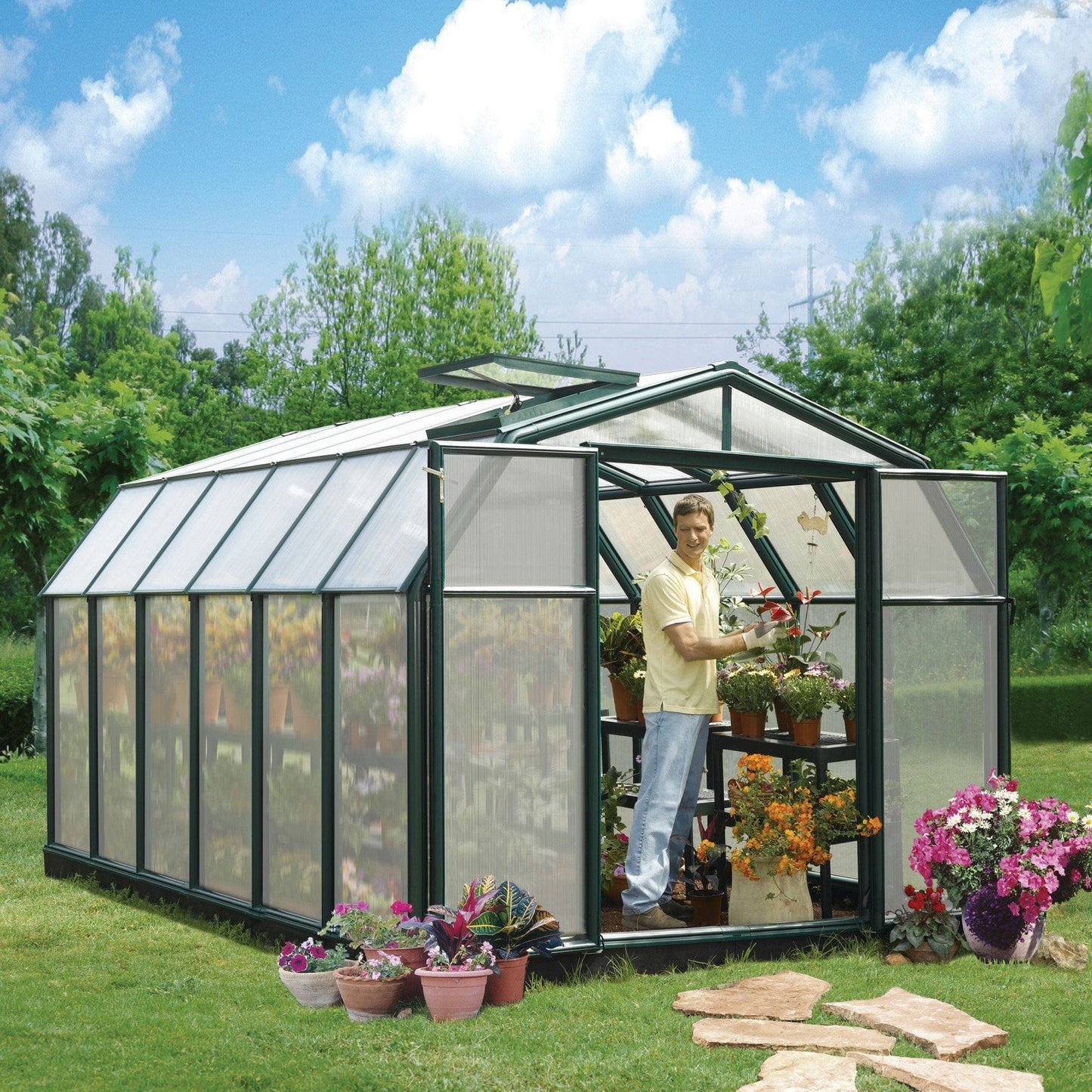 Palram - Canopia | Hobby Gardener Greenhouse Kit - 8 Ft Wide - Green With 6mm Twin-wall Polycarbonate Glazing - HG7108