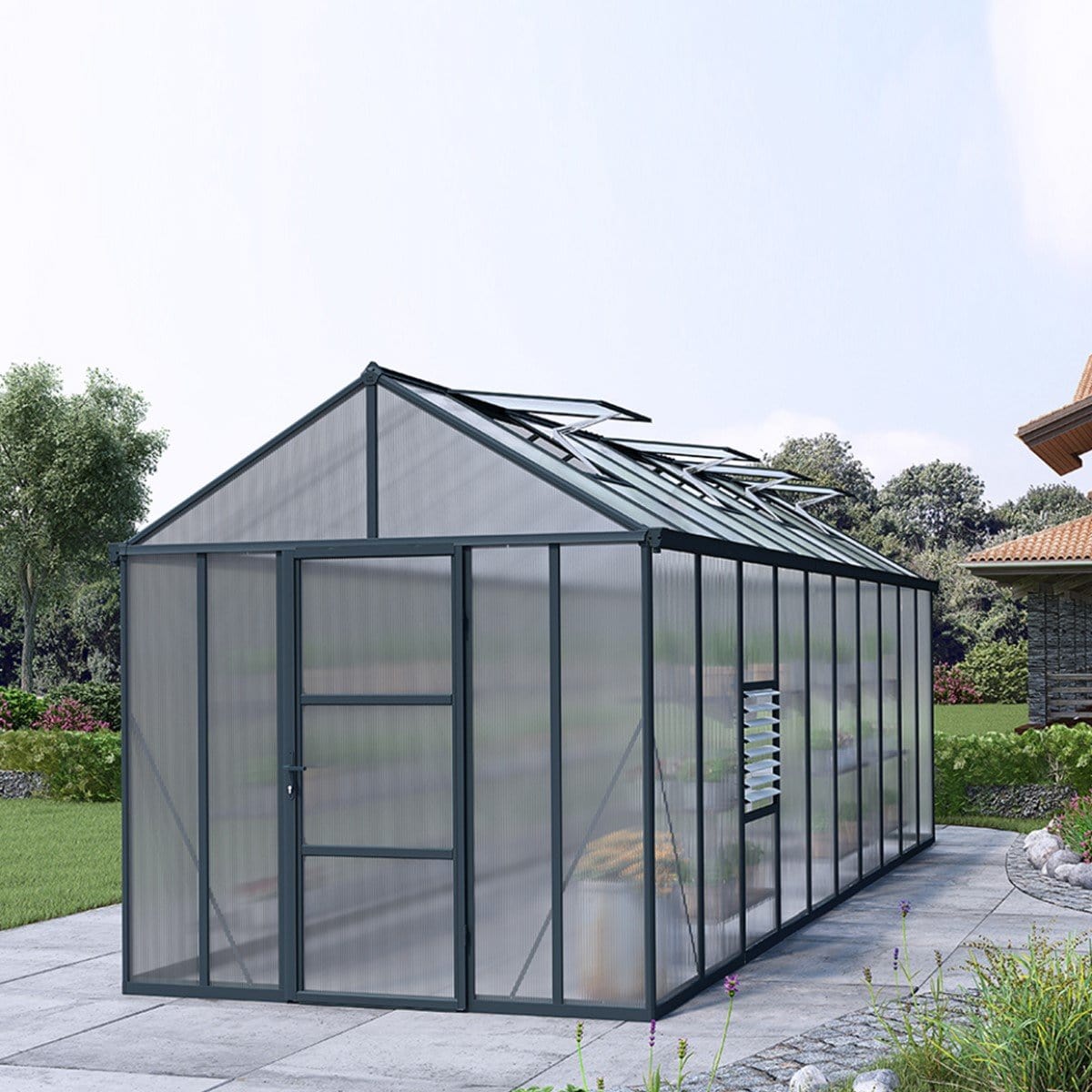 Palram - Canopia | Glory Premium Greenhouse Kit 8 Ft Wide - Gray With 10mm Twin-wall Polycarbonate Glazing - HG5608