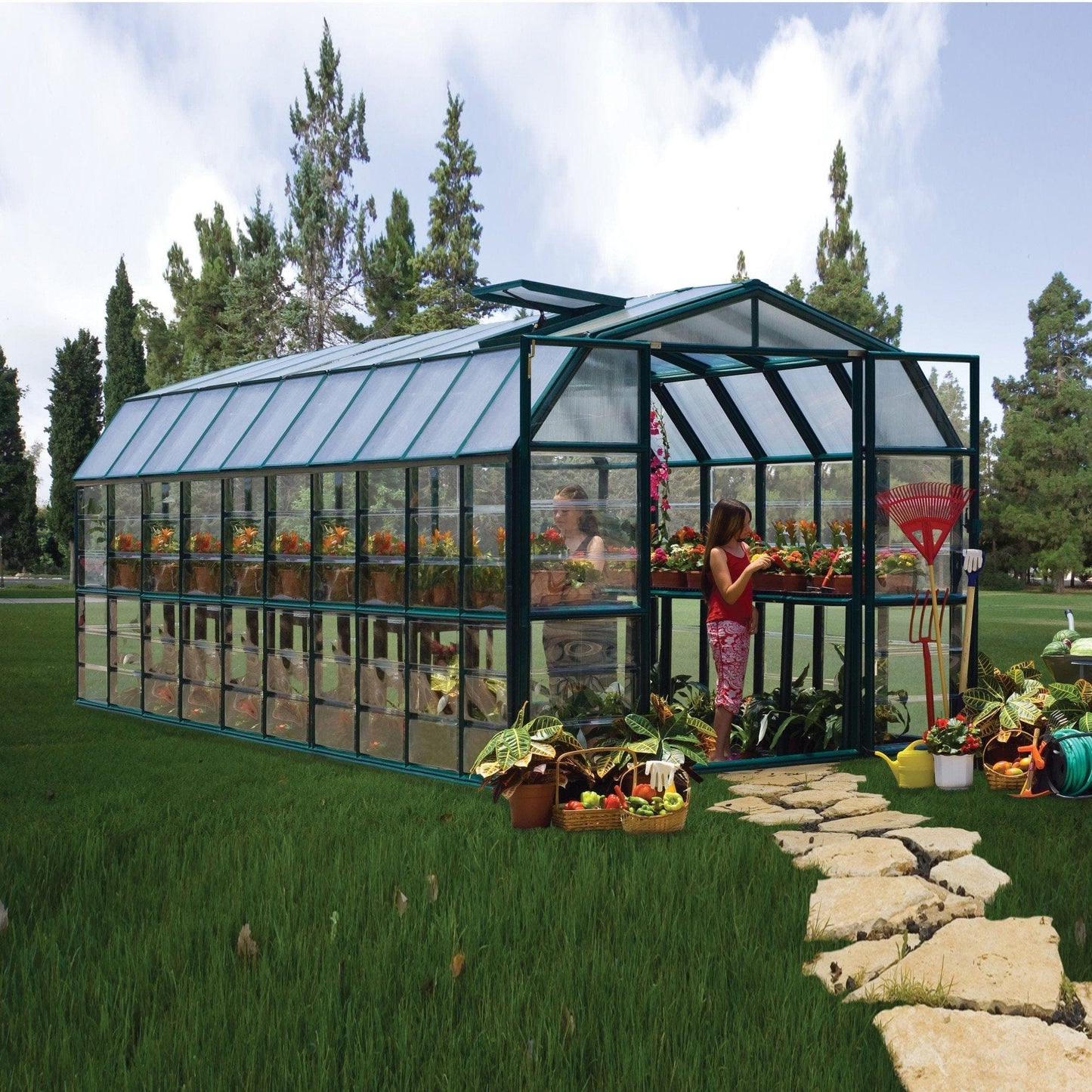 Palram - Canopia | Grand Gardener Greenhouse Kit - 8 Ft Wide - Green - 0.8mm Clear Polycarbonate Glazing - HG7208C