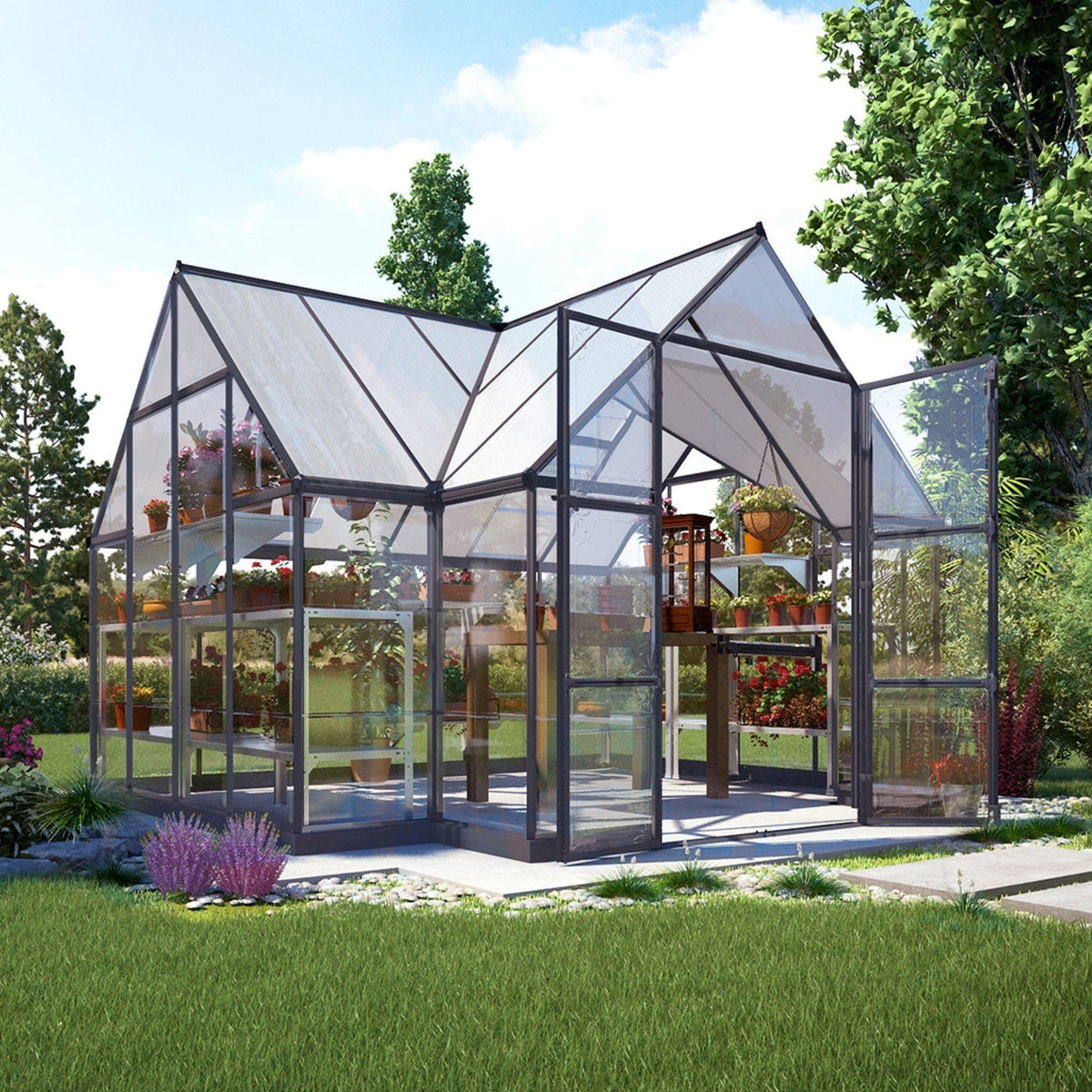 Palram Canopia | 12x10 Ft Chalet Greenhouse Kit Gray With 0.8mm Polycarbonate Glazing - HG5400