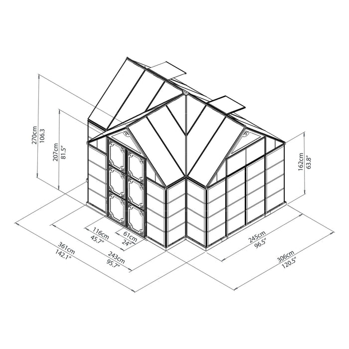 Palram Canopia | 12x10 Ft Chalet Greenhouse Kit Gray With 0.8mm Polycarbonate Glazing - HG5400