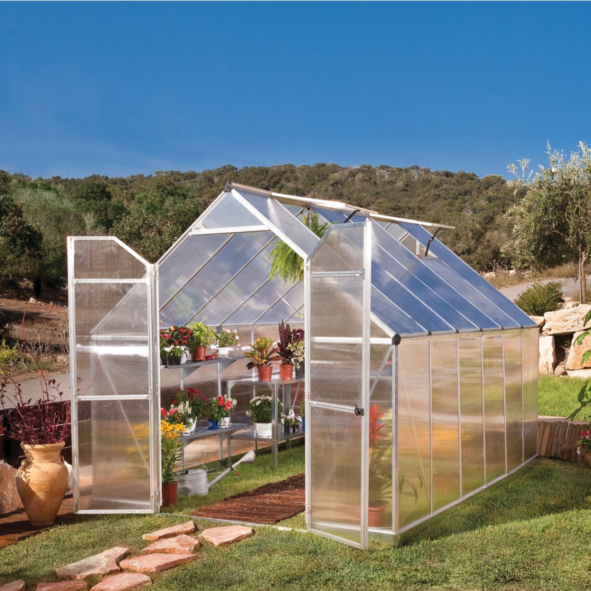 Palram Canopia | Essence Greenhouse Kit Silver With 4mm Twin-wall Polycarbonate Glazing - HG5812