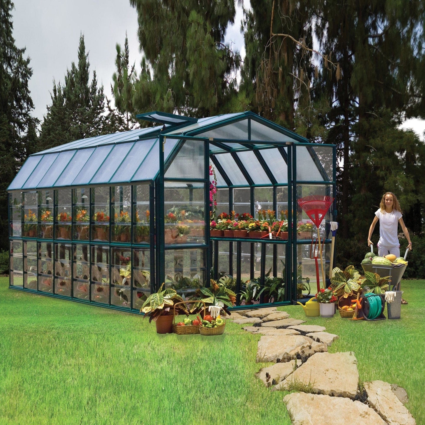 Palram - Canopia | Grand Gardener Greenhouse Kit - 8 Ft Wide - Green - 0.8mm Clear Polycarbonate Glazing - HG7208C