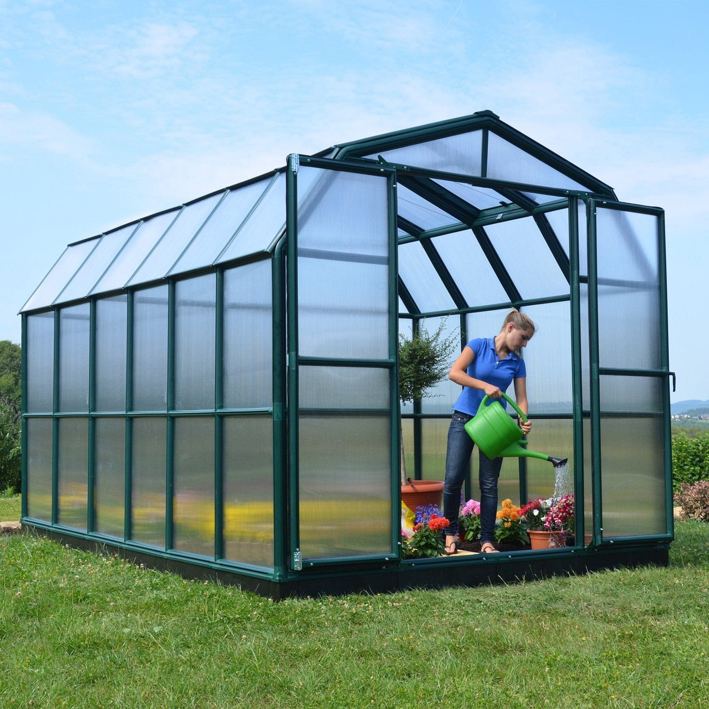 Palram - Canopia | Grand Gardener Greenhouse Kit - 8 Ft Wide - Green - 6mm Twin-wall Polycarbonate Glazing - HG7208