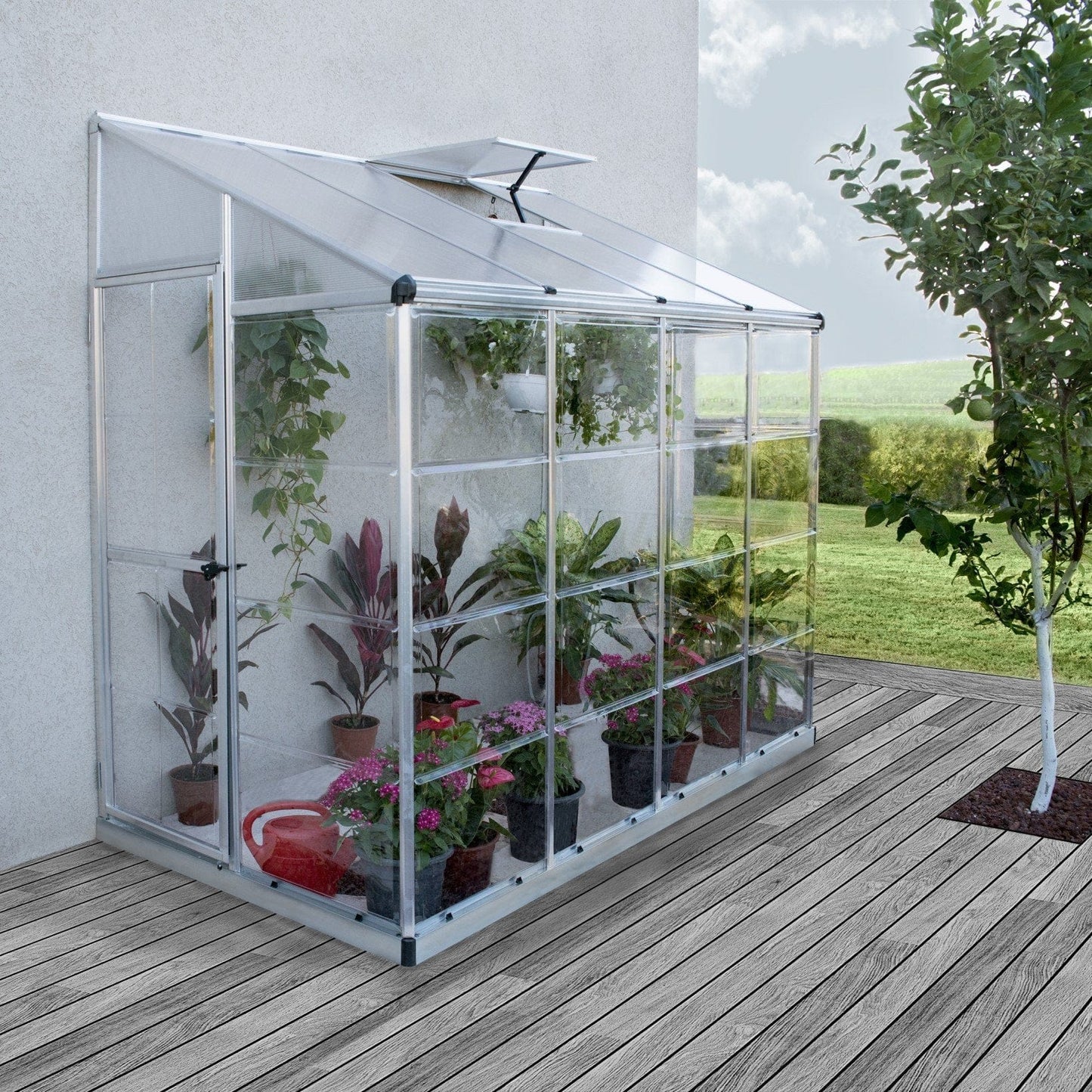 Palram - Canopia | 4x8 Ft Hybrid Lean-To Greenhouse Kit - Silver With 0.8mm Polycarbonate Glazing - HG5548