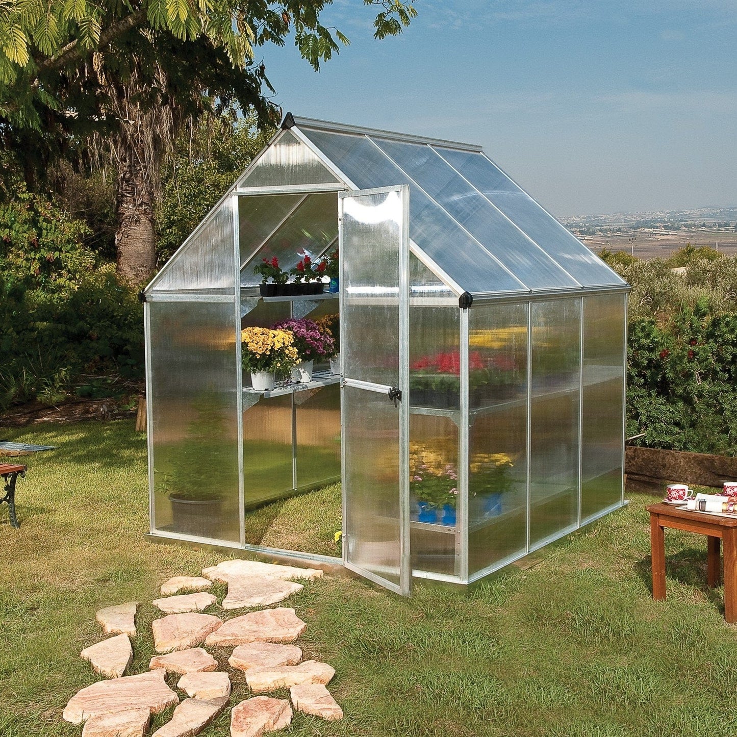 Palram - Canopia | Mythos Greenhouse Kit - 6 Ft Wide - Silver With 4mm Twin-wall Polycarbonate Glazing - HG5005