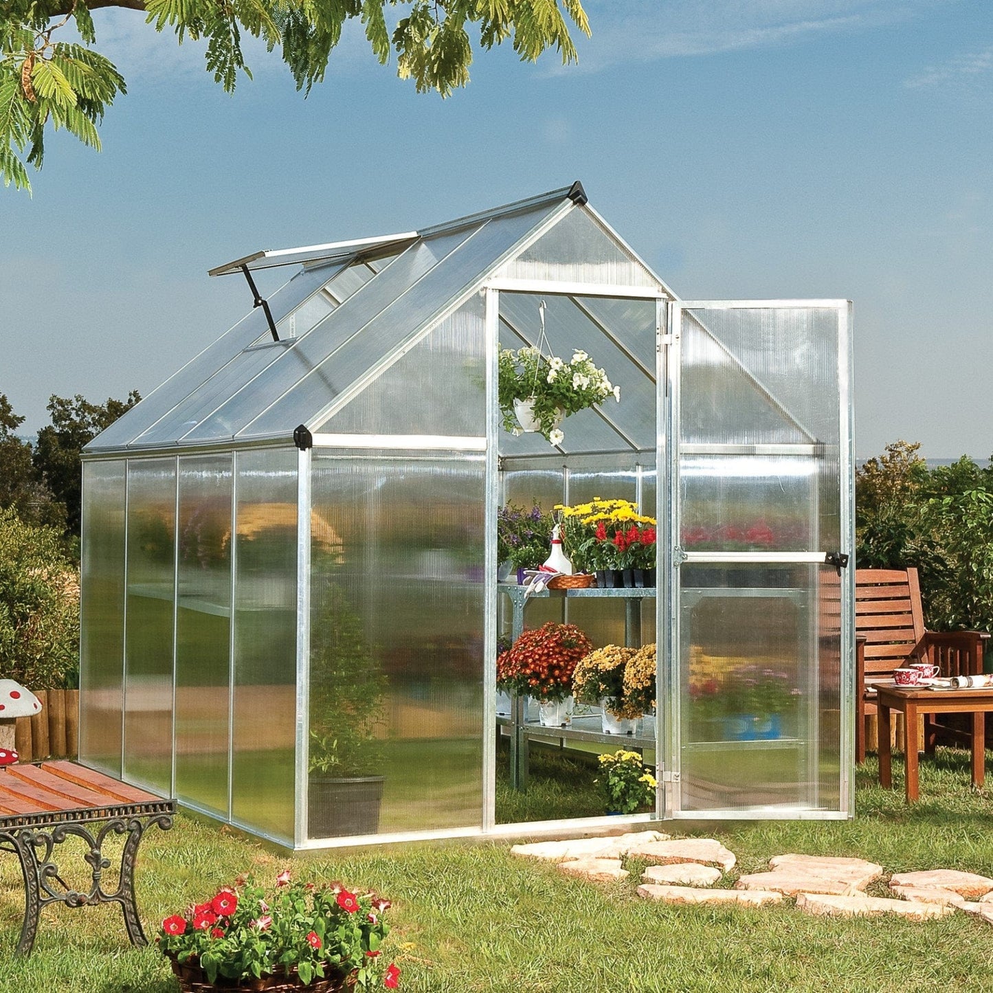 Palram - Canopia | Mythos Greenhouse Kit - 6 Ft Wide - Silver With 4mm Twin-wall Polycarbonate Glazing - HG5005
