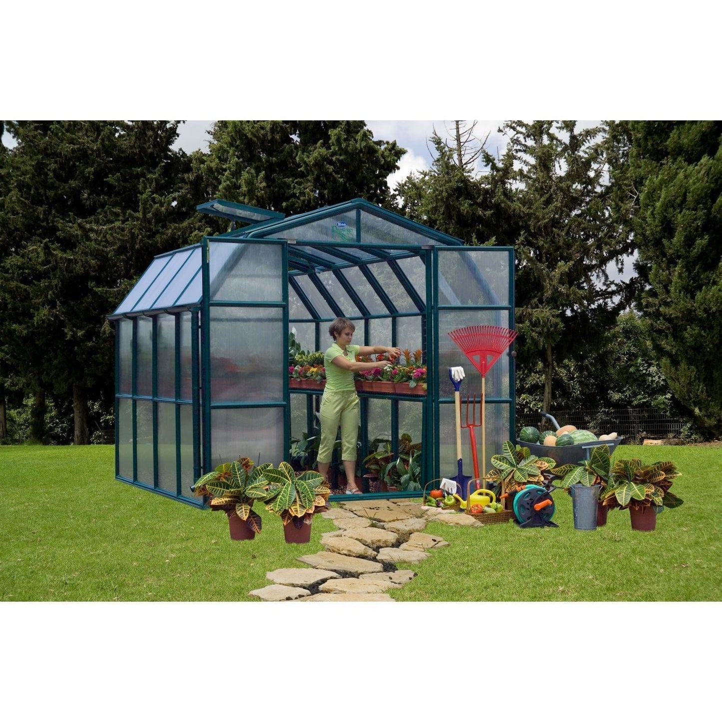Palram - Canopia | 8x8 Ft Prestige Diffused Greenhouse Kit Package - Green With 6mm Twin-wall Polycarbonate Glazing - HG7308