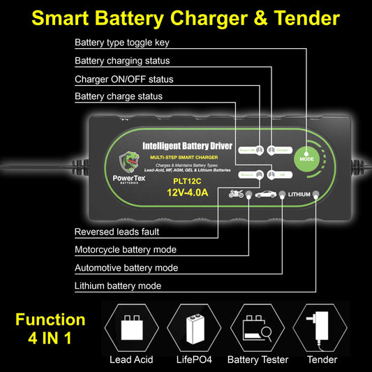 PowerTex Batteries 12V 4A LiFePO4 Battery Charger & Tender
