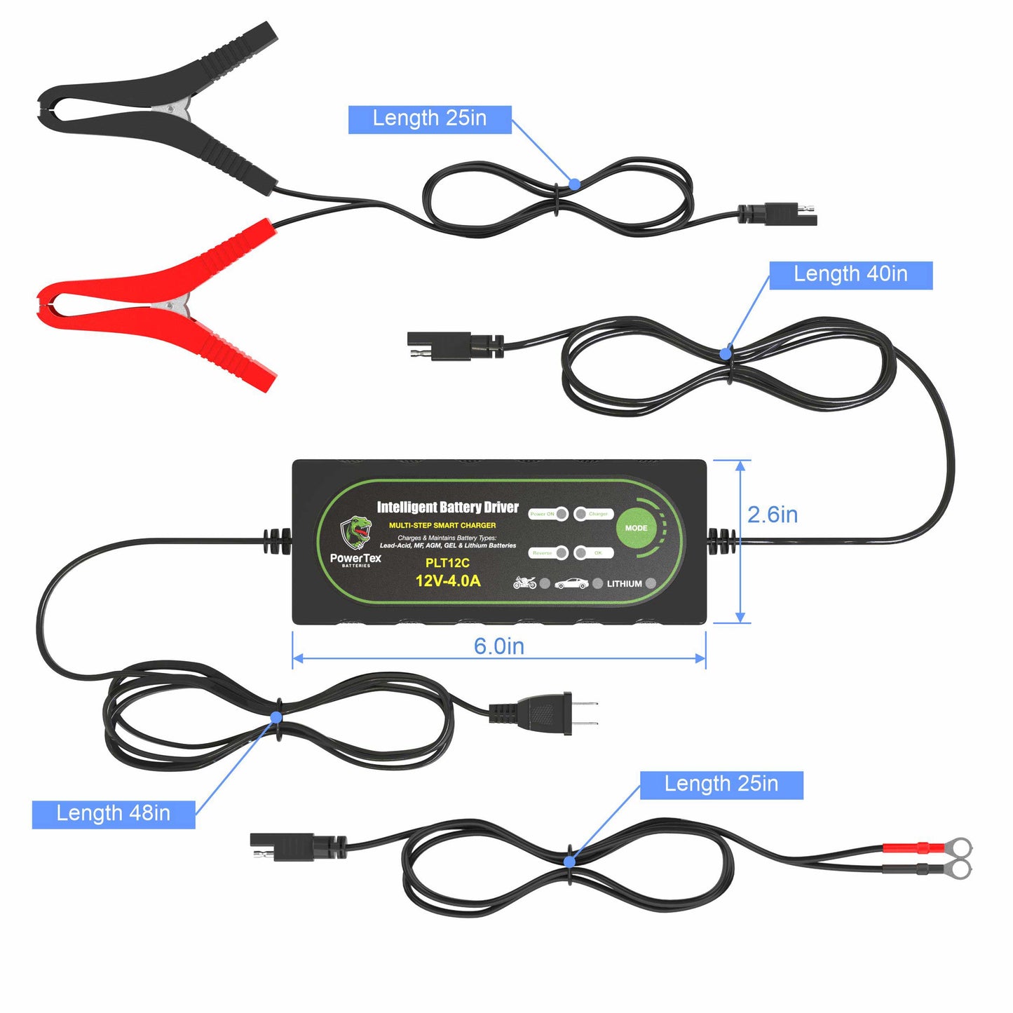 PowerTex Batteries 12V 4A LiFePO4 Battery Charger & Tender