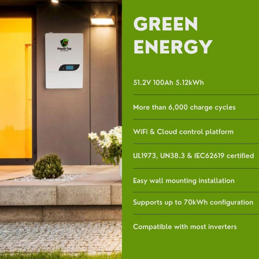 Powertex Batteries 51.2V 100Ah 5.12KWh Lithium LiFePO4 Wall Mounted Residential Energy Storage Battery - PT51100
