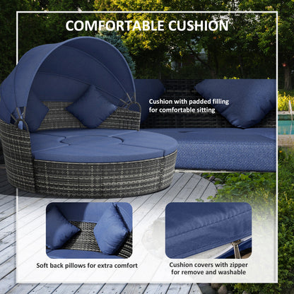 Outsunny 4-Piece Round Convertible Daybed with Adjustable Canopy, Sectional Sofa, 2 Chairs, Table, Dark Blue - 862-021V01DB