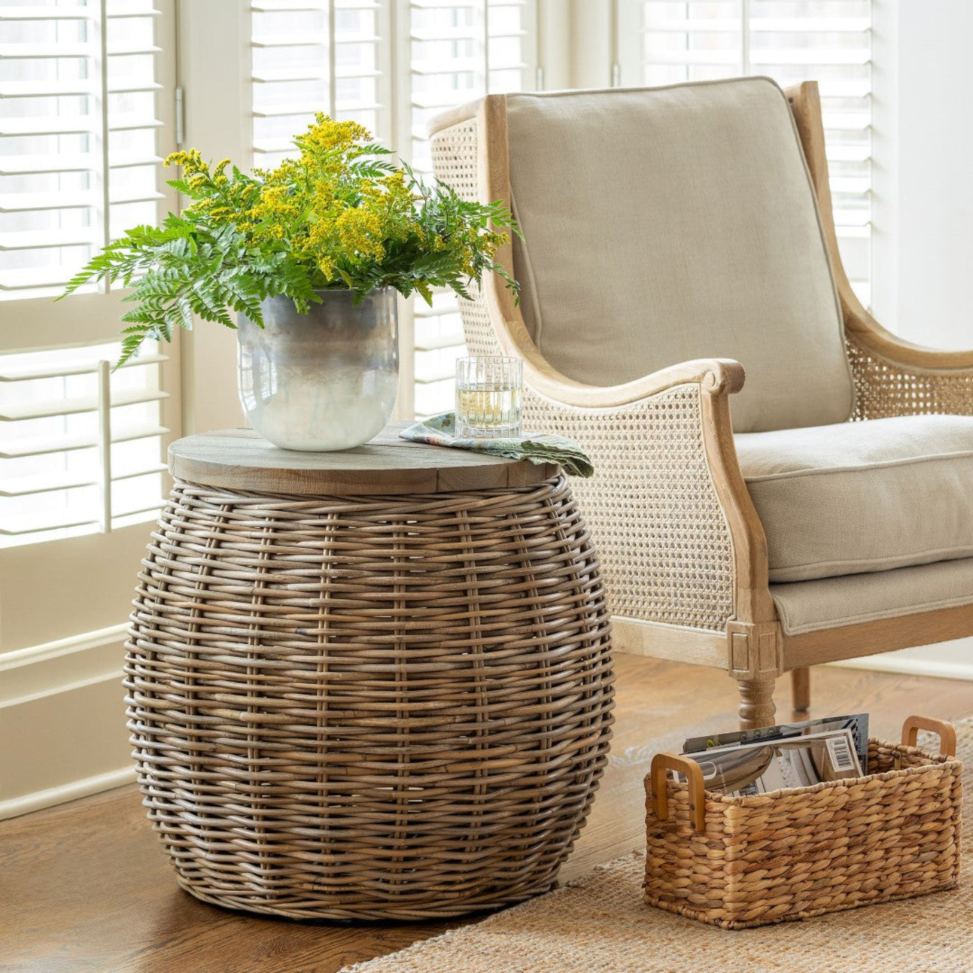 Park Hill Collection Rattan Side Table with Removable Teak Top - EFT16008