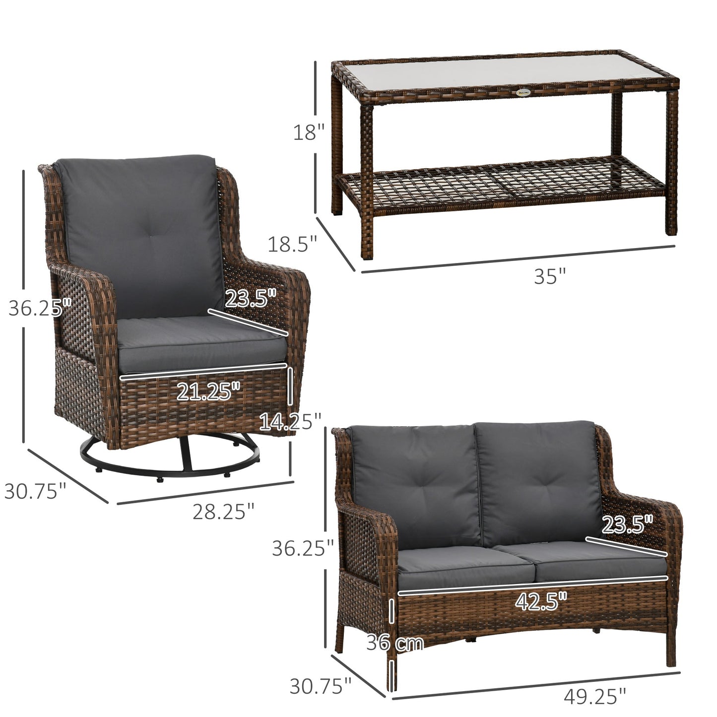 Outsunny 4 Piece PE Rattan Patio Furniture Set with 2 Swivel Rockers, 2-Tier Glass Table &amp; Loveseat, Gray - 860-257V00MB